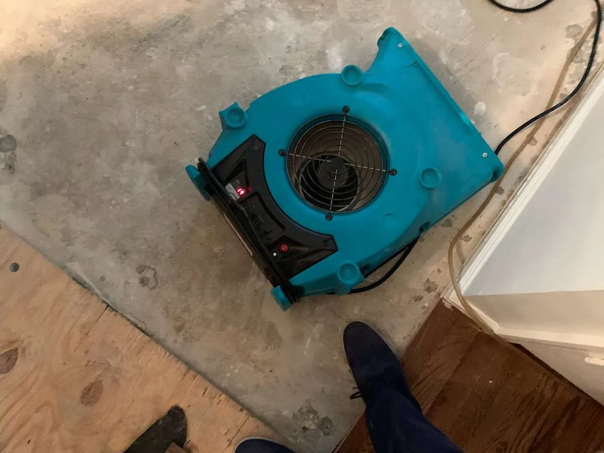 Air mover drying subfloor during Leak Detection & Repair in Bensalem
